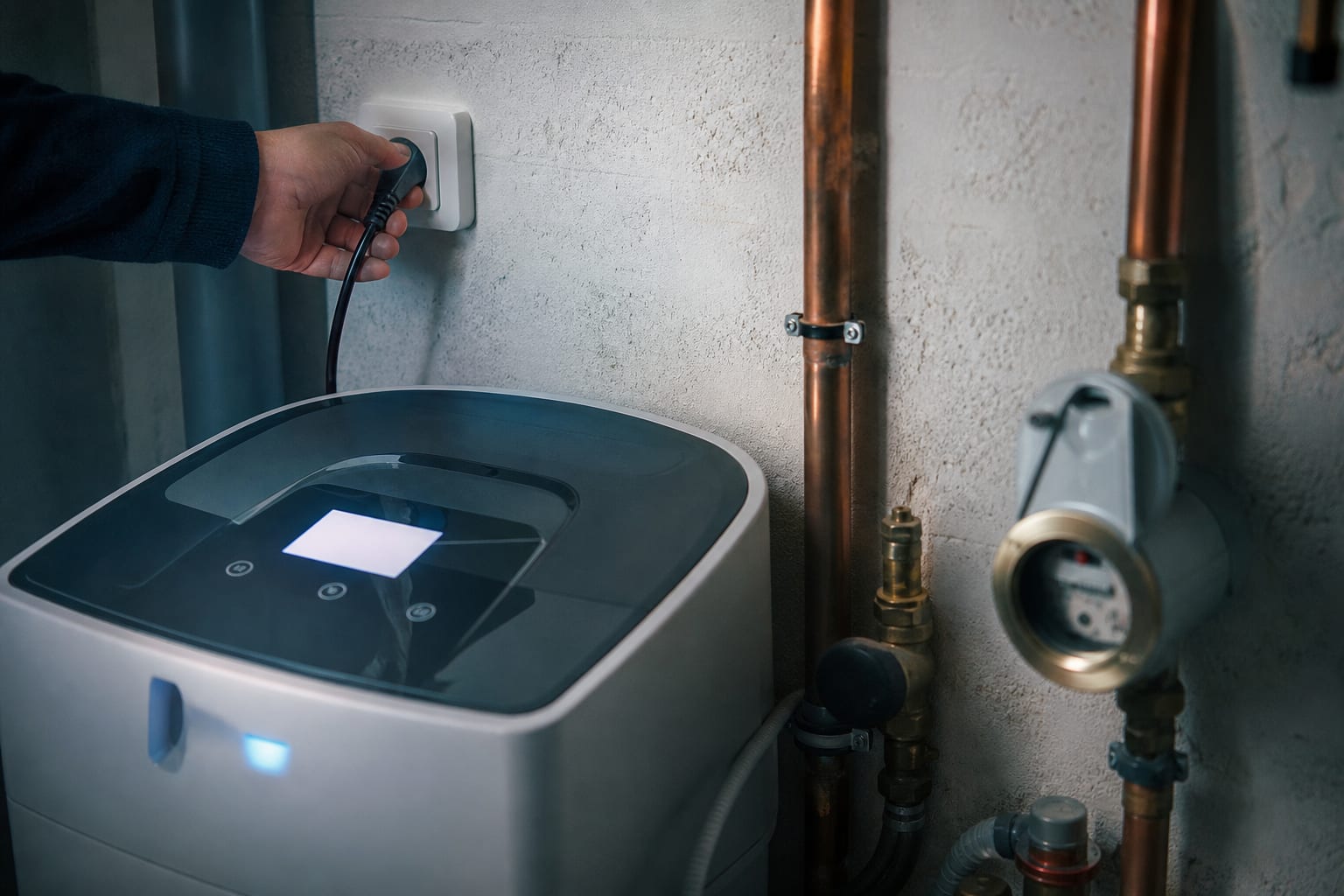 Adoucisseur électronique branché près des canalisations dans une buanderie française