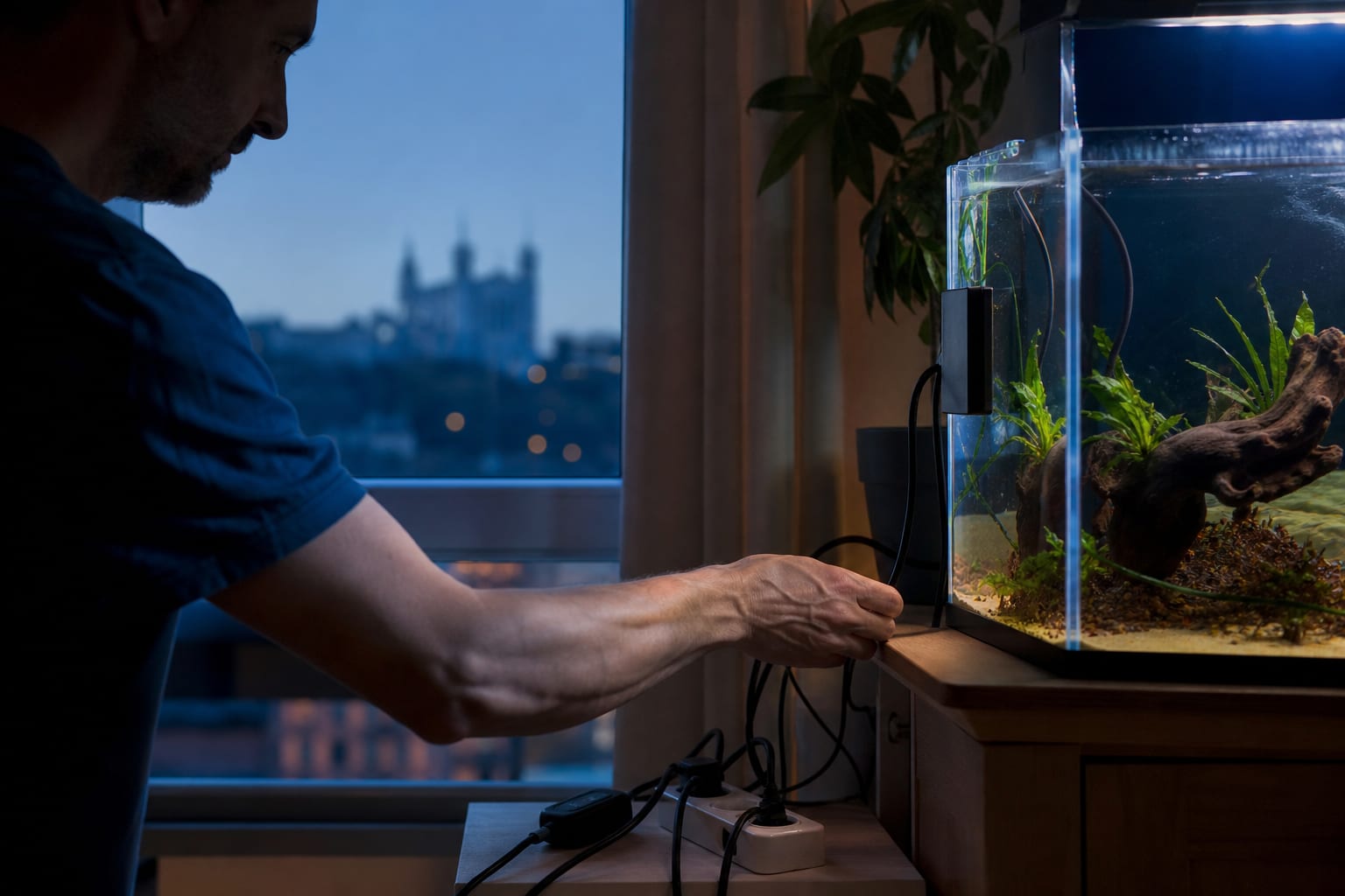 Aquarium lumineux et câbles électriques dans un appartement lyonnais au crépuscule.