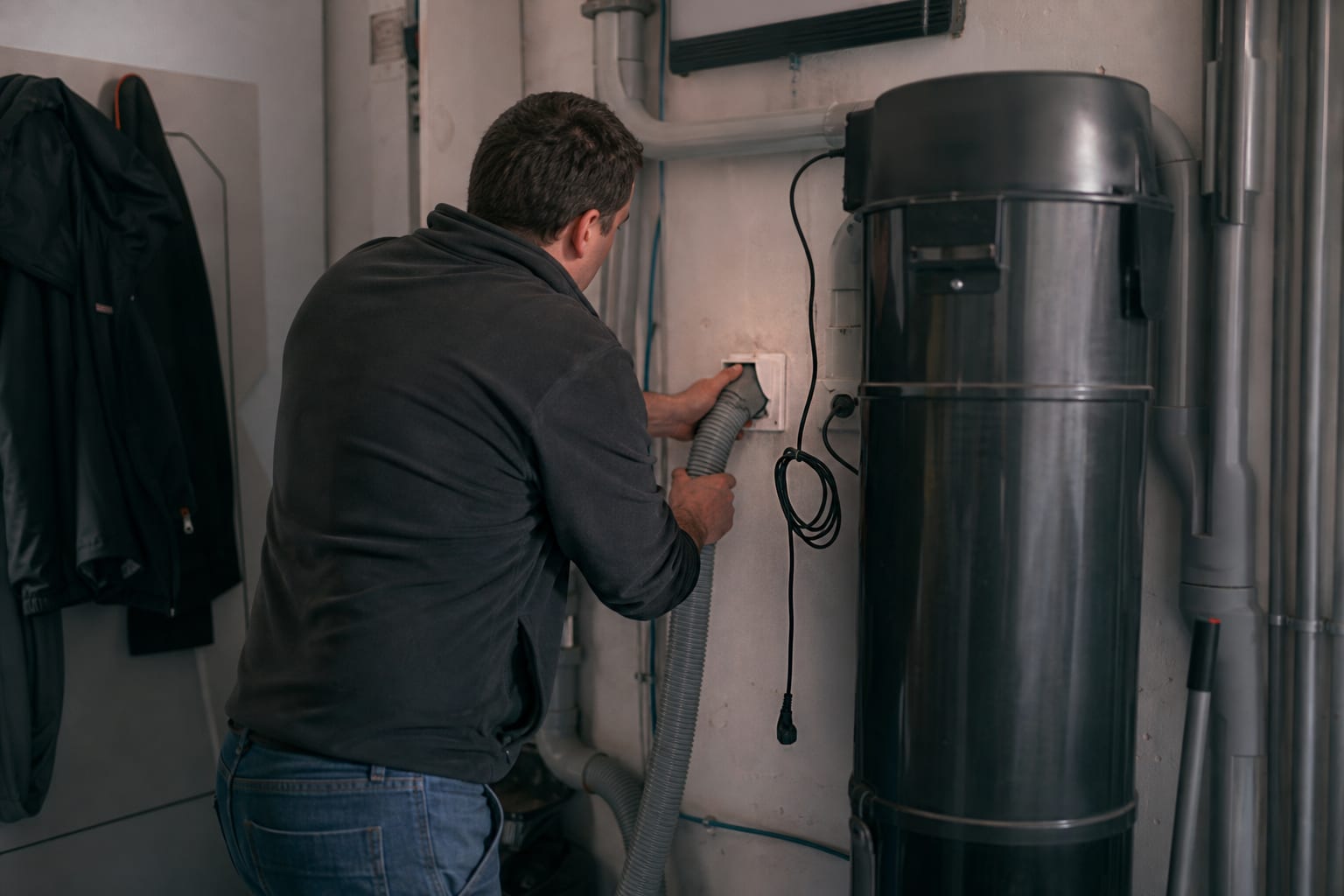Centrale d’aspiration et flexible dans le cellier d’une maison française.