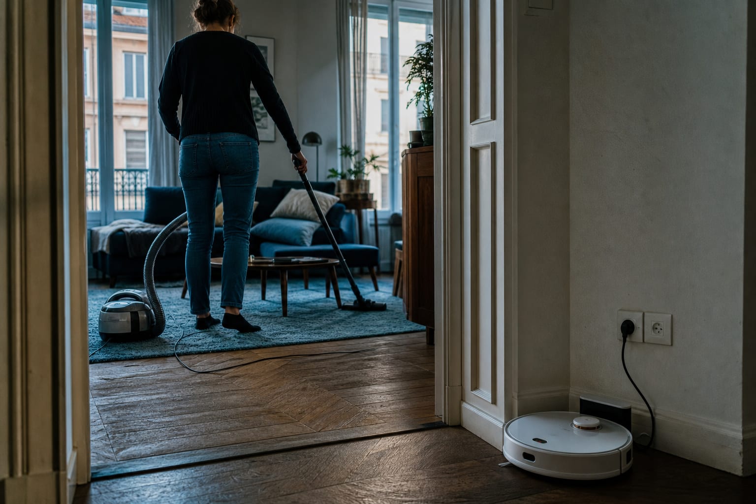 Habitant passant l’aspirateur filaire, robot aspirateur en charge près d’une prise.