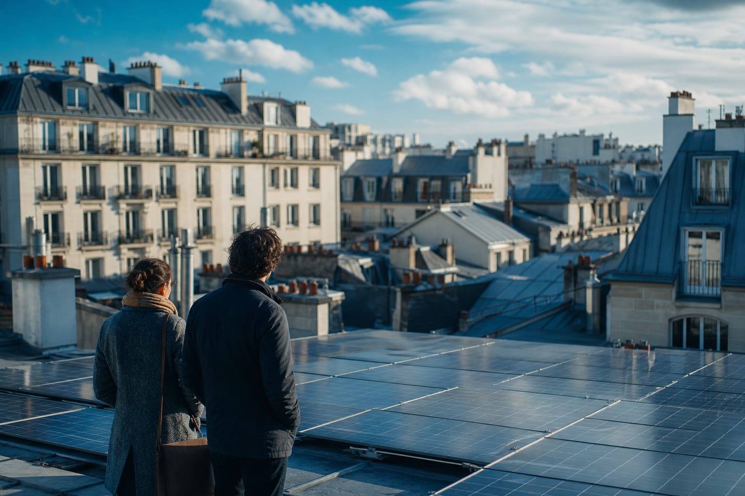 Panneaux solaires sur immeuble dominant plusieurs résidences voisines connectées.