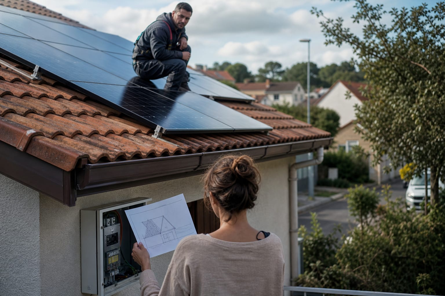 Installateur et propriétaire examinent des panneaux solaires sur un toit pavillonnaire français.