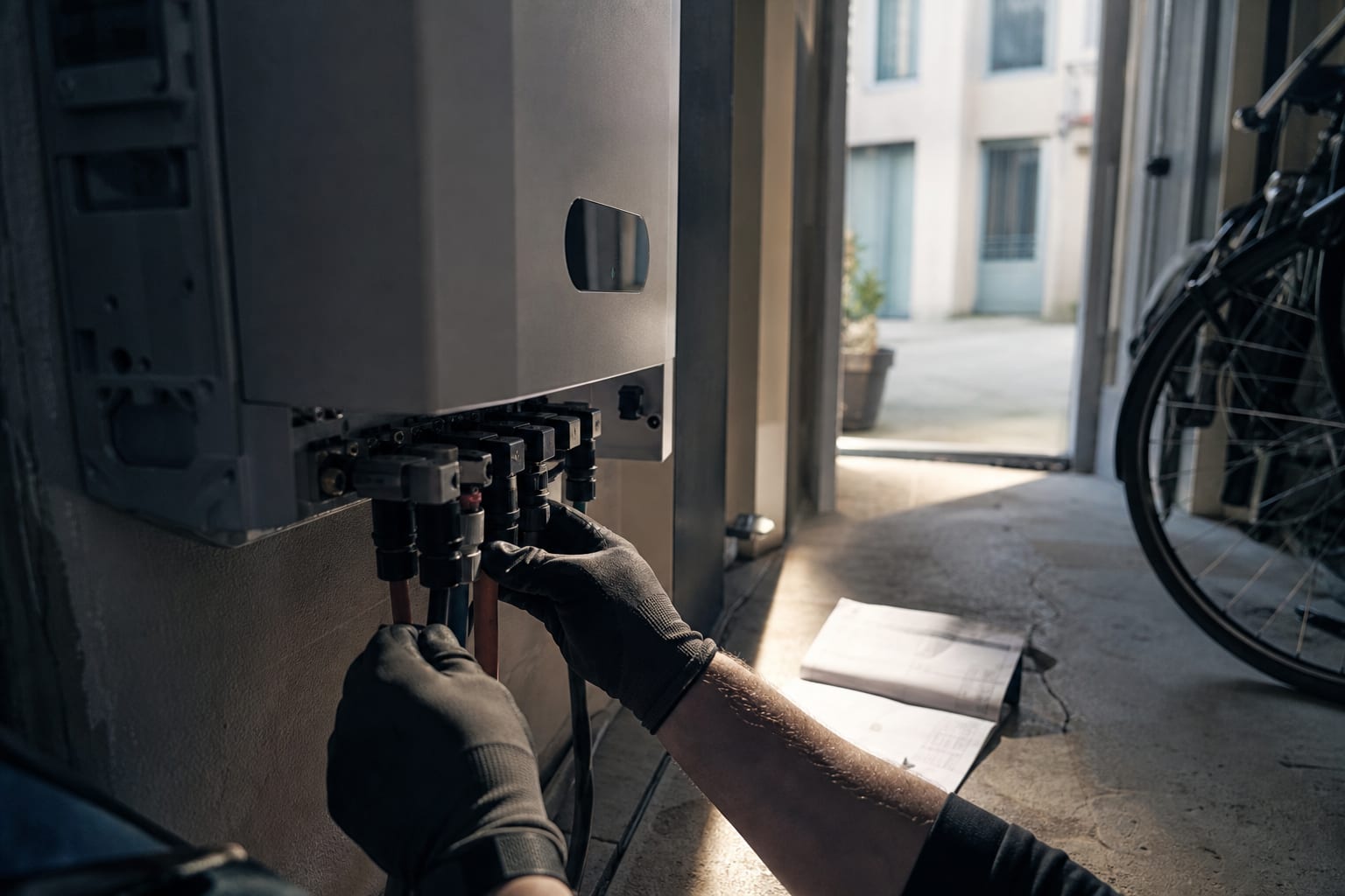 Mains raccordant une batterie domestique près d’une facture volontairement illisible.