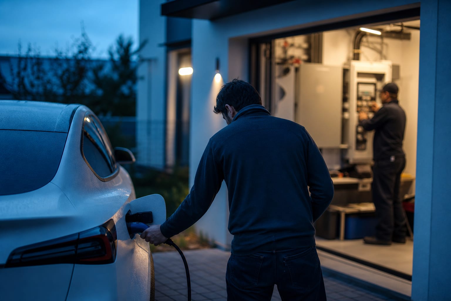 Résident branchant sa voiture électrique devant sa maison au crépuscule.