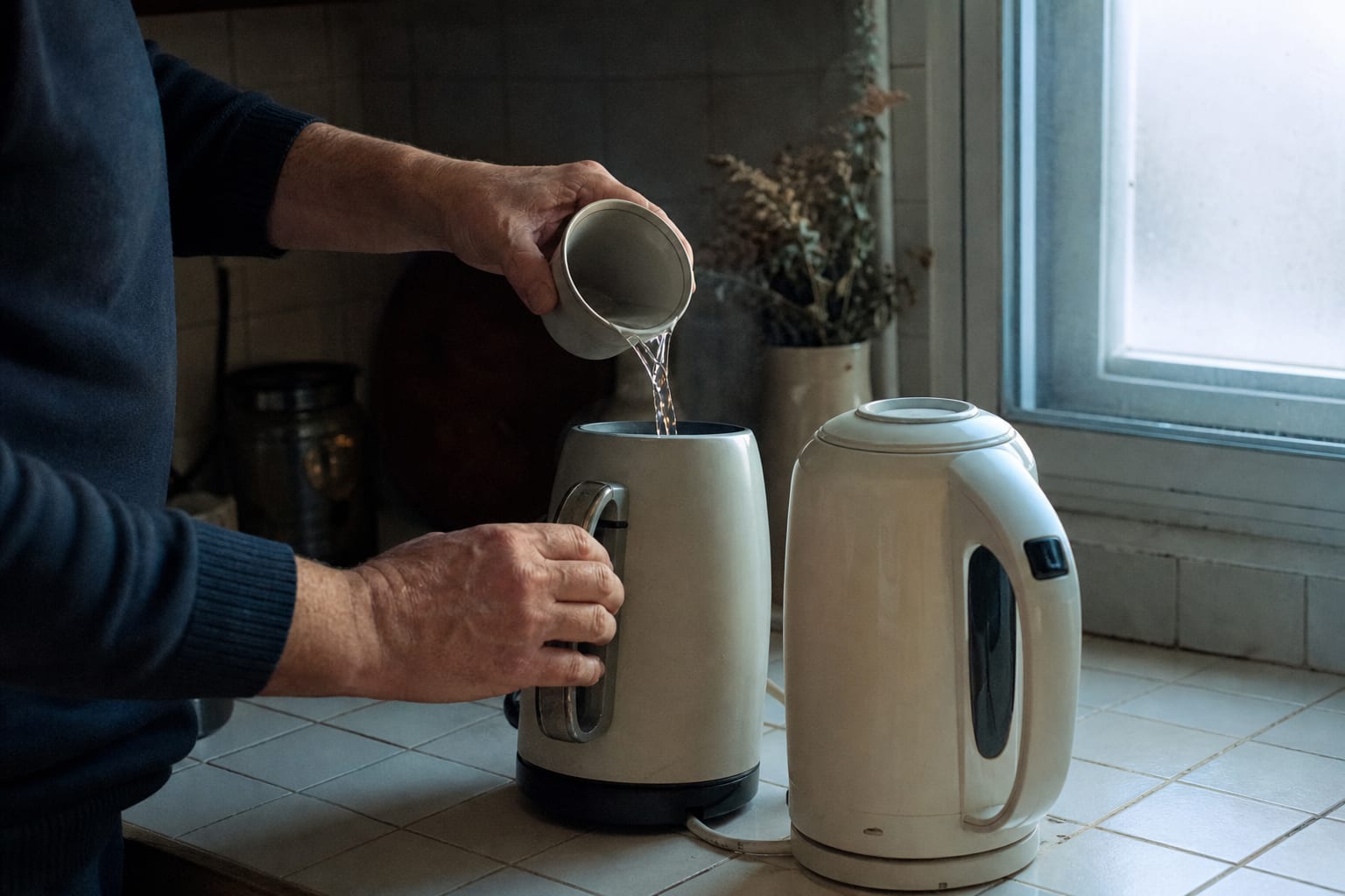 Des mains remplissent une bouilloire avec une seule tasse d’eau.