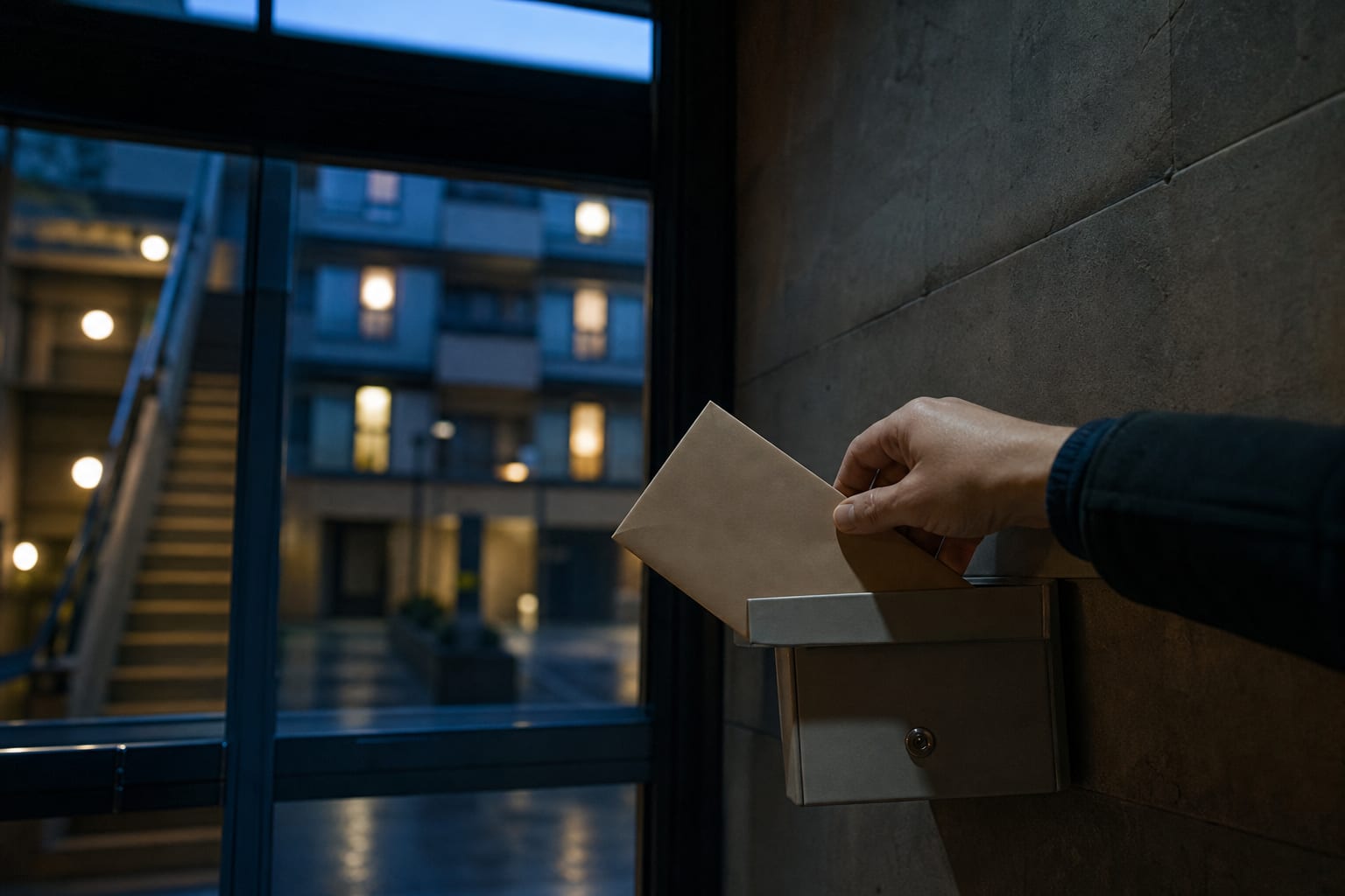 Une enveloppe de résiliation postée dans un immeuble encore éclairé.