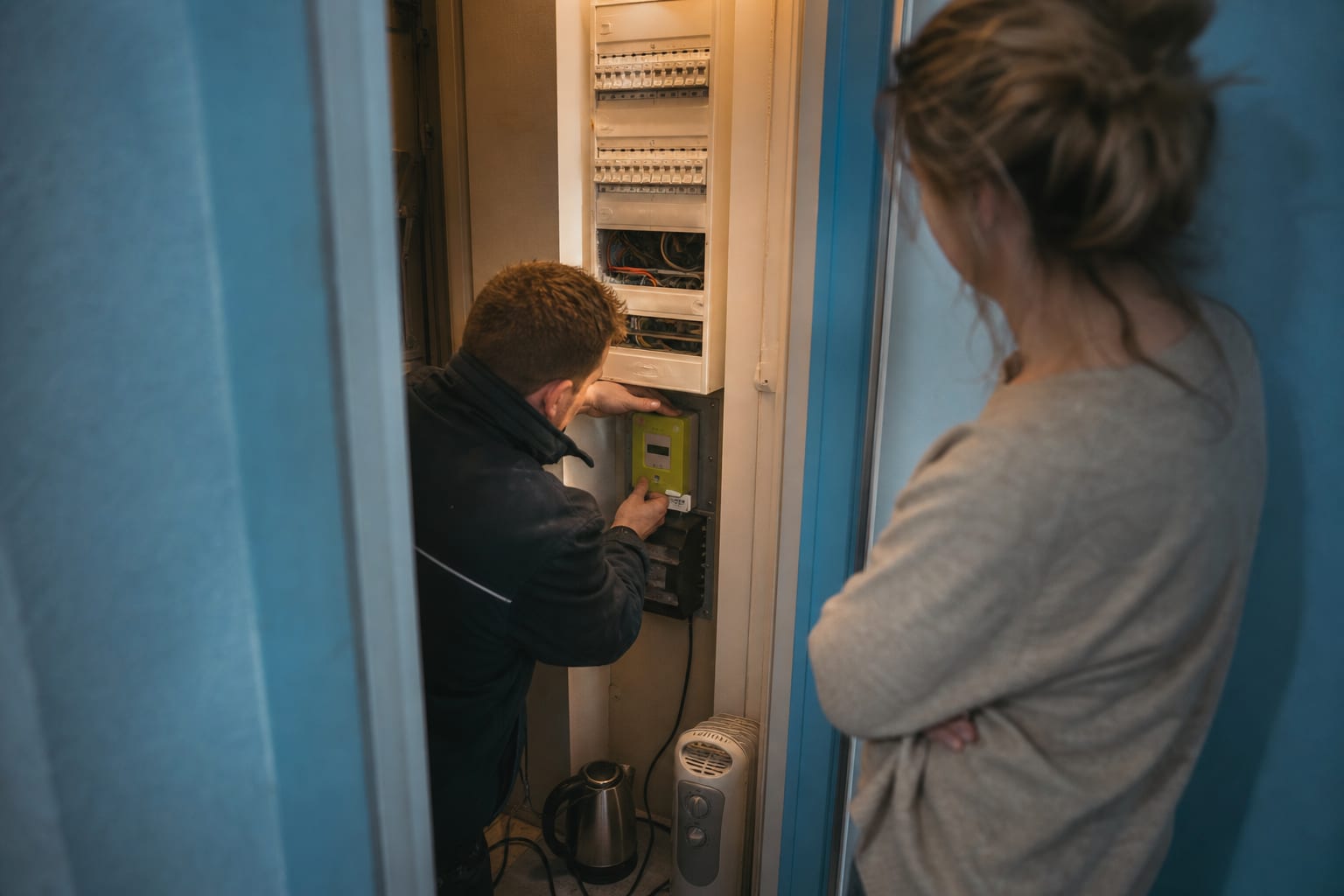 Électricien intervenant sur compteur domestique et tableau électrique dans un placard.