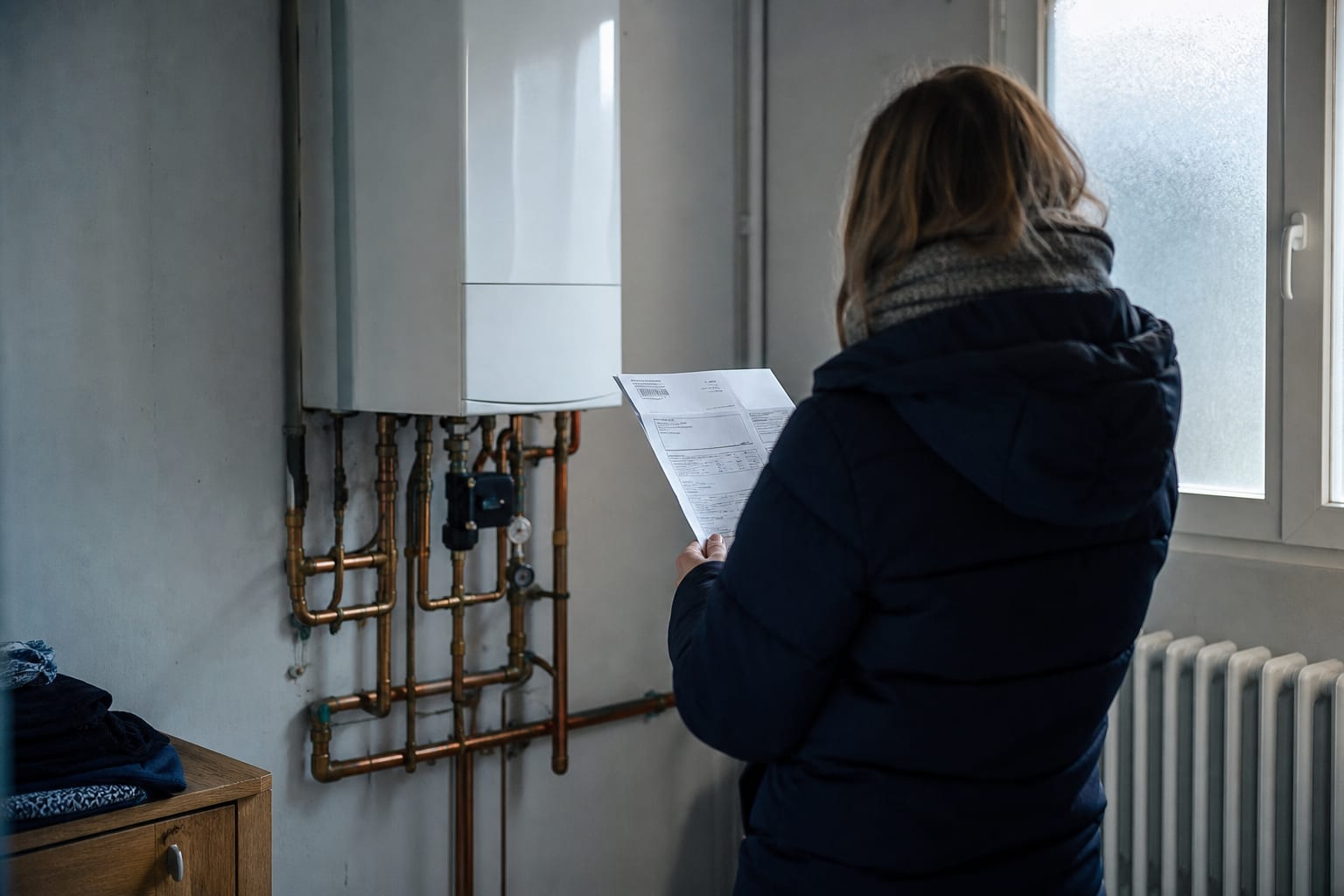 Chaudière électrique murale, facture illisible et radiateurs dans une maison française.