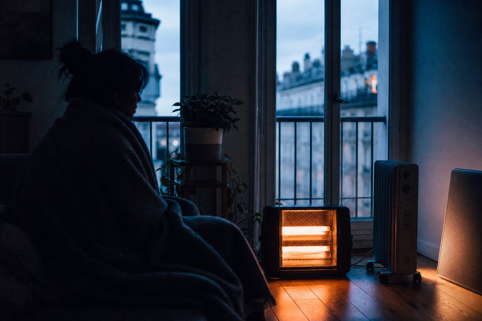 Trois chauffages d’appoint dans un appartement lyonnais à la tombée du jour.