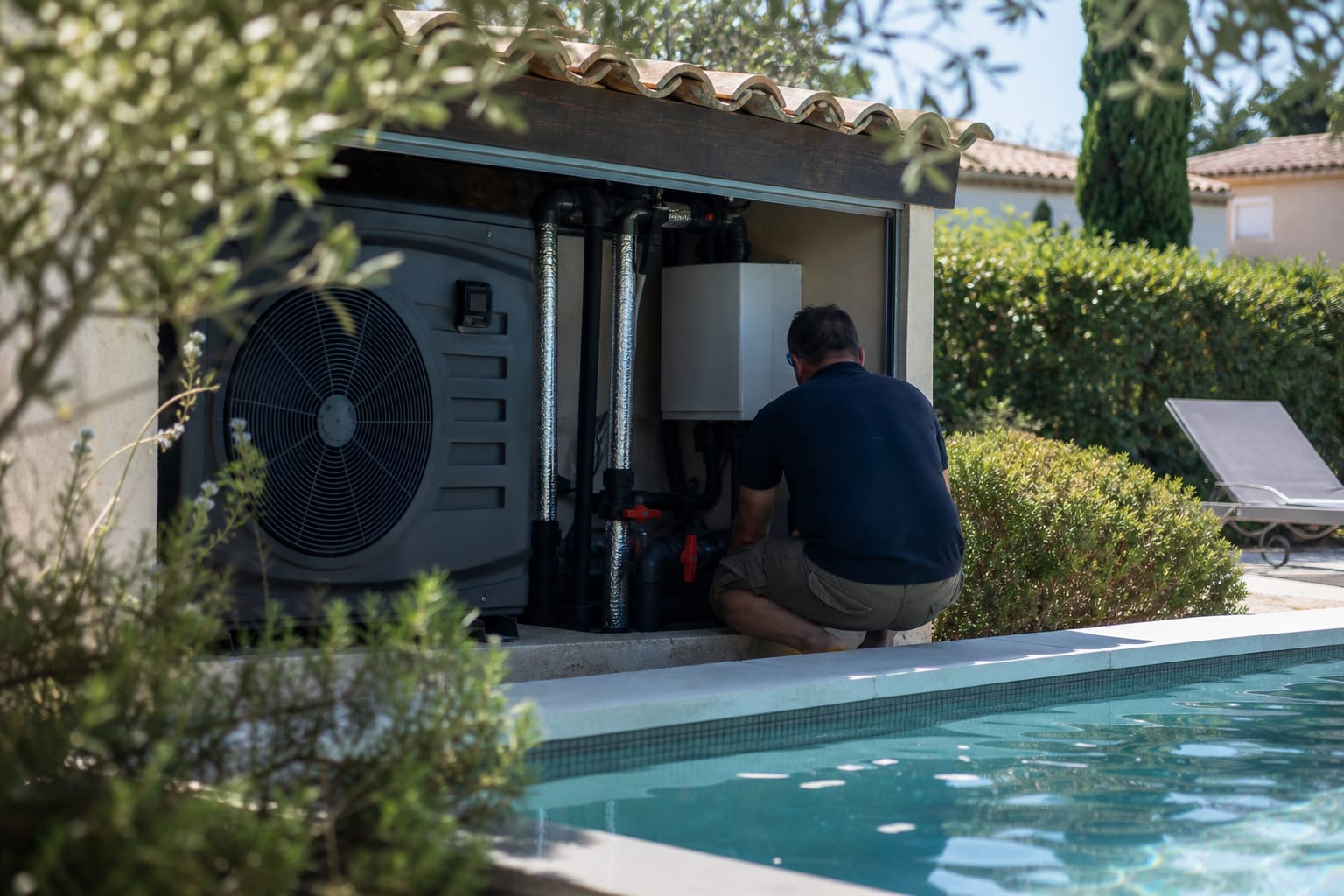 Local technique de piscine montrant pompe à chaleur et réchauffeur électrique