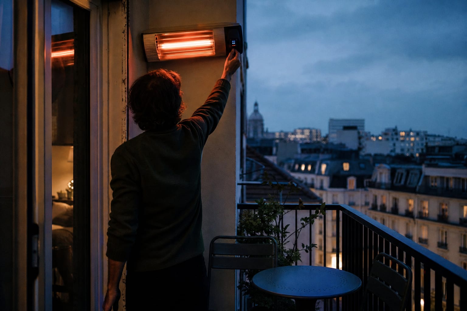 Radiant électrique allumé sur un balcon français ouvert par temps froid