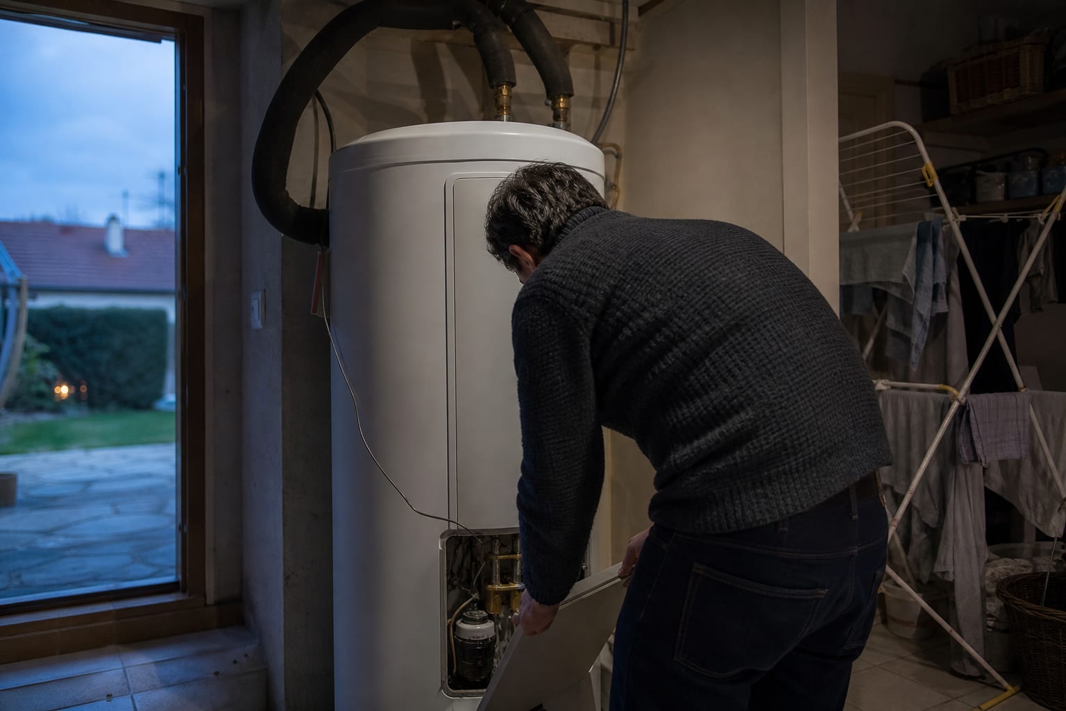 Ballon solaire domestique et résistance électrique d’appoint dans un cellier.