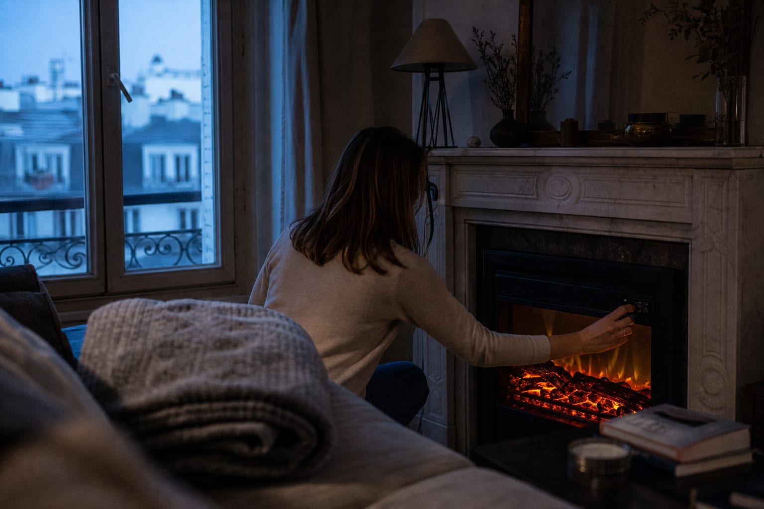 Cheminée électrique allumée dans un salon, habitant réglant discrètement le chauffage.
