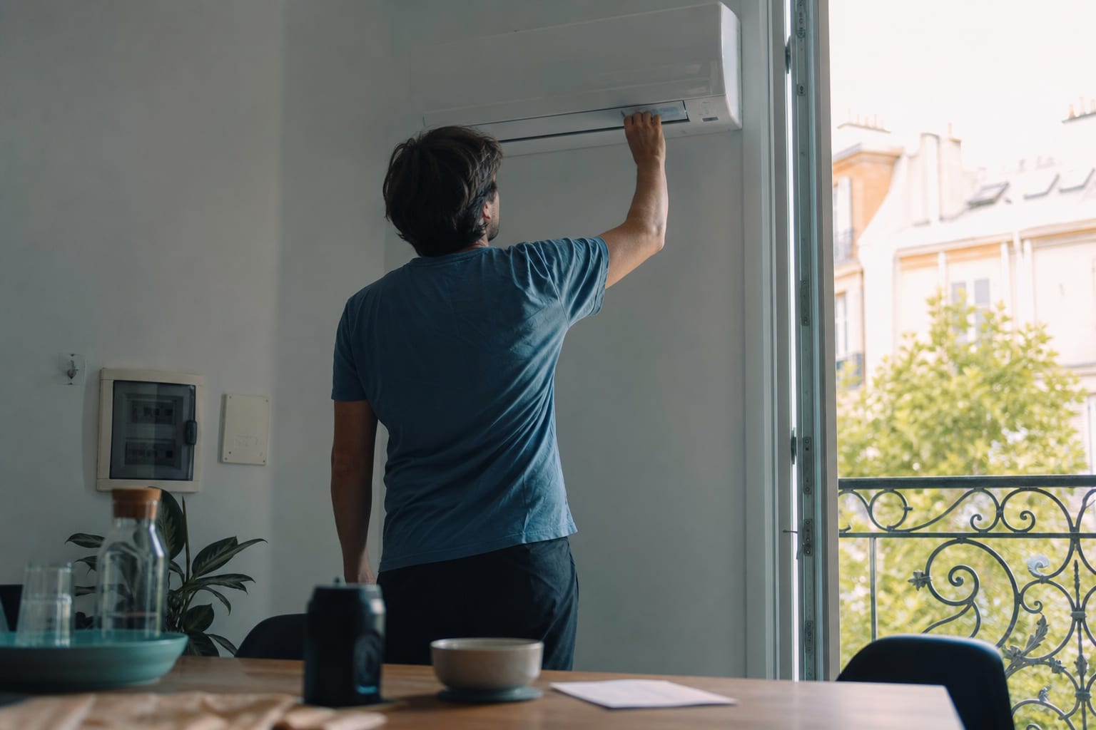 Locataire réglant un climatiseur, facture retournée et compteur sur une table.