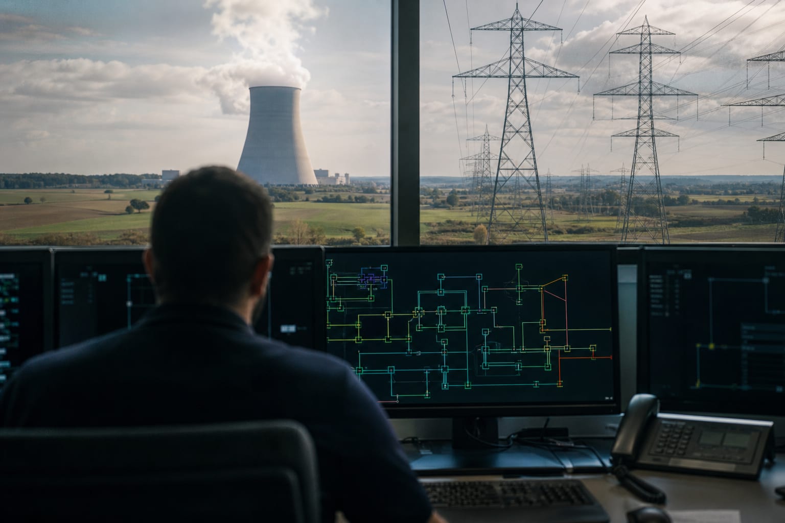 Salle de contrôle reliant centrale nucléaire, pylônes et alimentation des foyers.