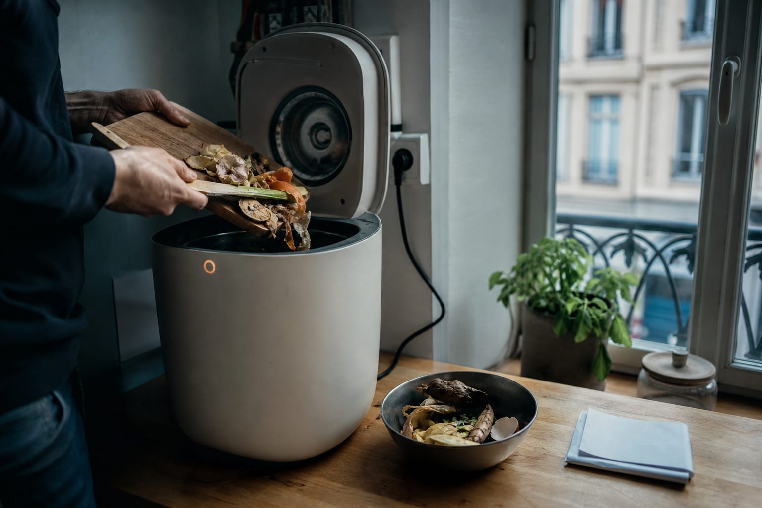 Mains versant des épluchures dans un composteur électrique de cuisine branché.