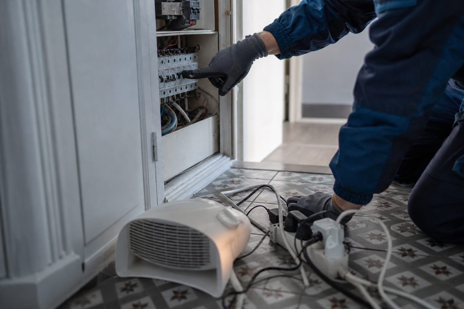 Mains d’électricien devant un tableau disjoncté et des appareils débranchés.