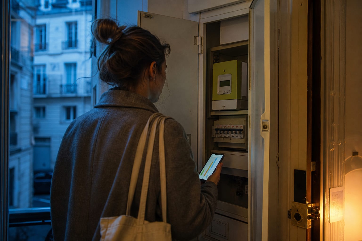 Locataire ouvrant un placard avec compteur communicant vert et téléphone.