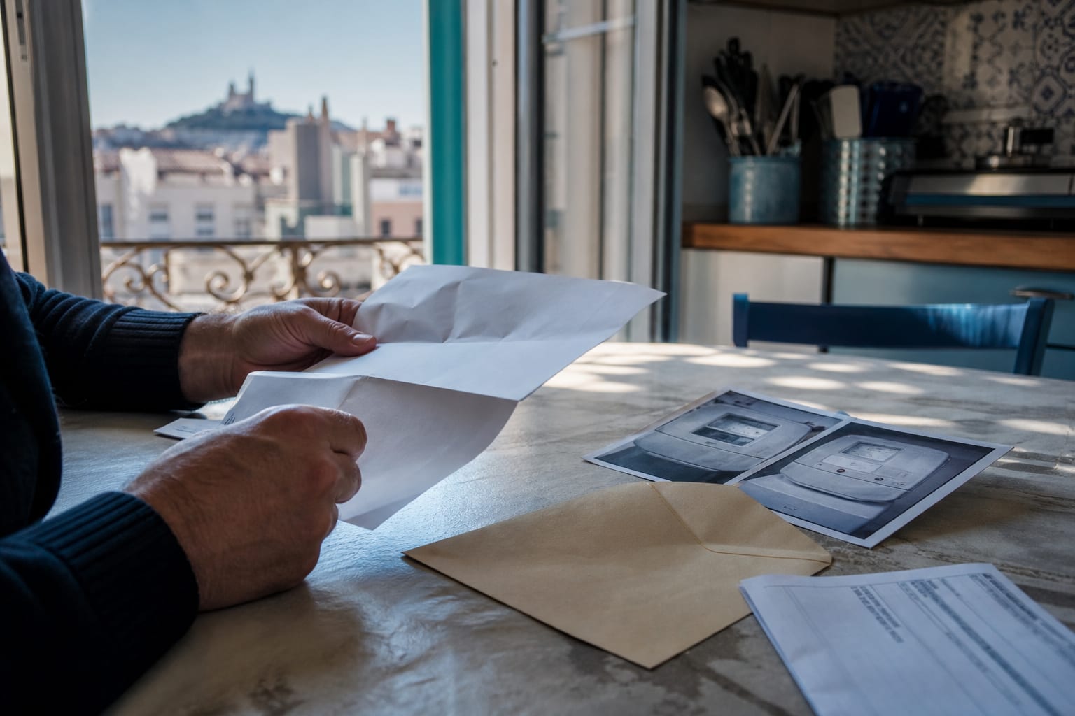 Mains rassemblant facture, relevés de compteur et courrier de contestation.