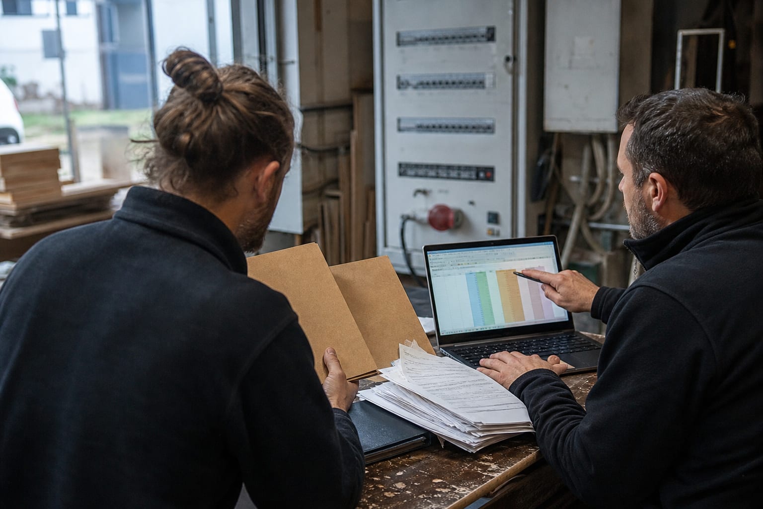 Artisan comparant des dossiers contractuels près d’un tableau électrique professionnel.