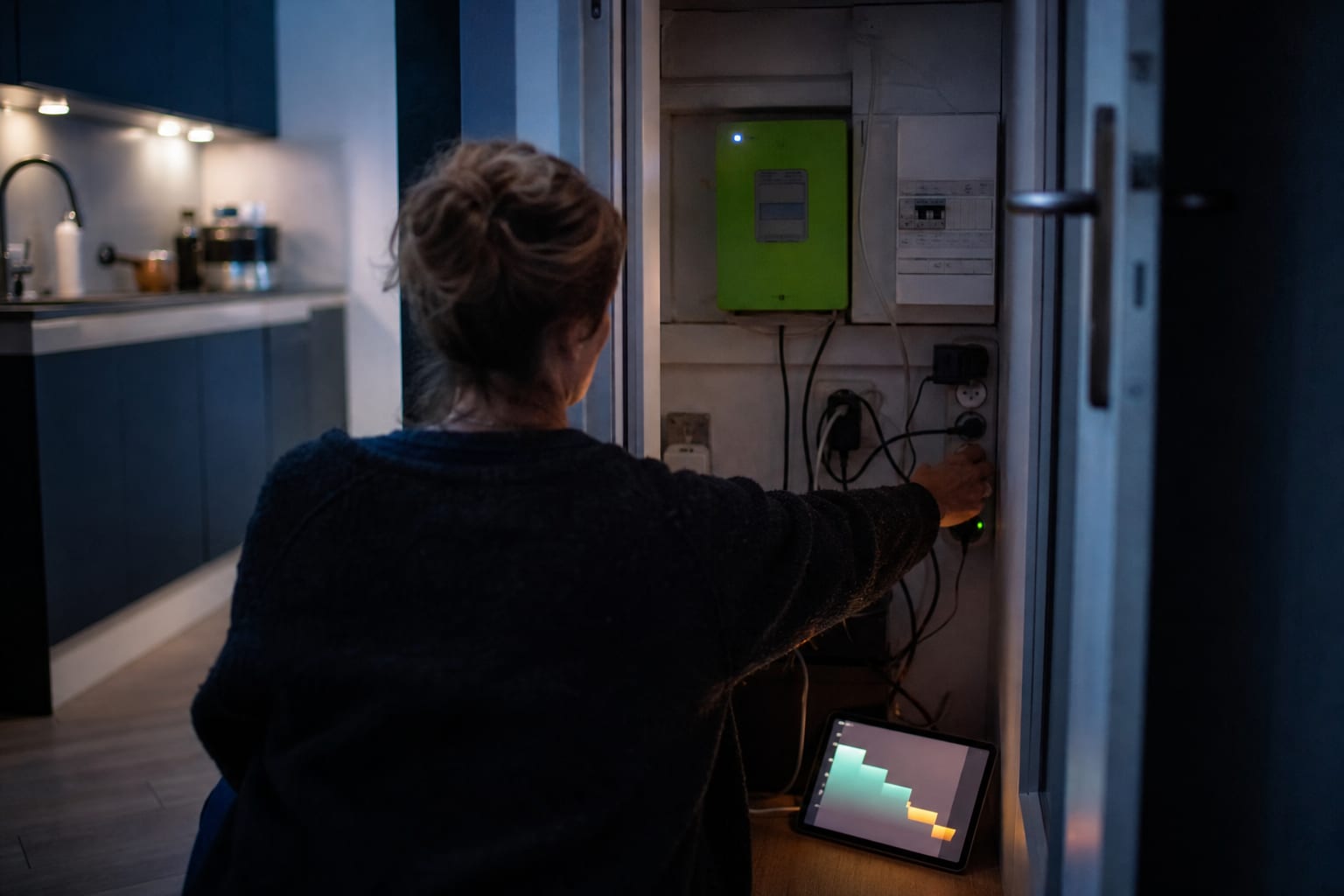 Habitant débranchant une multiprise près du compteur communicant dans un appartement.
