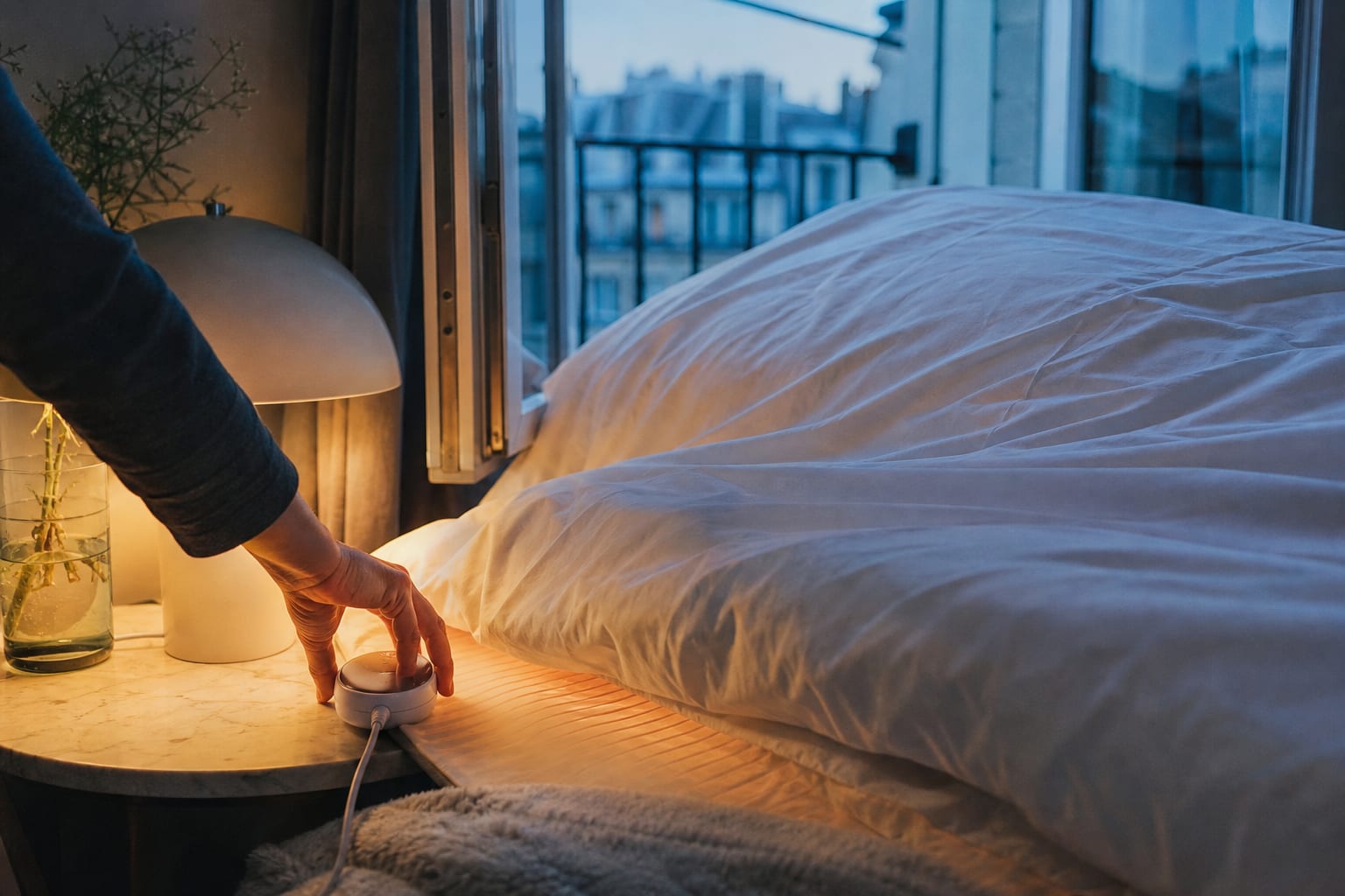Main réglant une couverture chauffante sur un lit dans une chambre française
