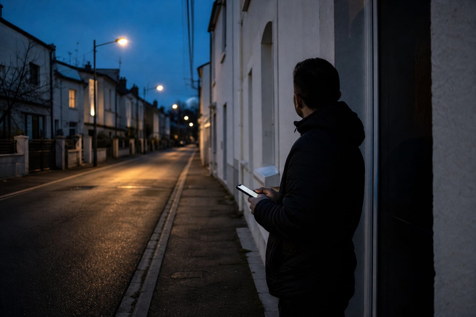 Habitant devant des maisons plongées dans le noir au crépuscule.