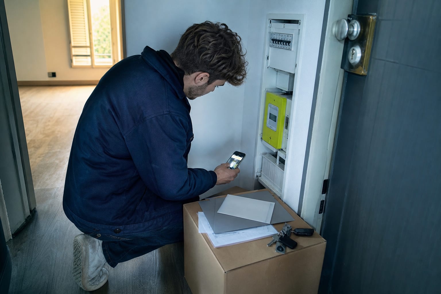 Nouveau locataire réunissant justificatifs et photo du compteur dans un logement vide.