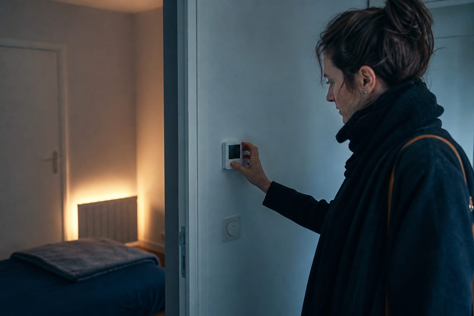 Résident réglant le thermostat d’une chambre inoccupée pour réduire le chauffage.