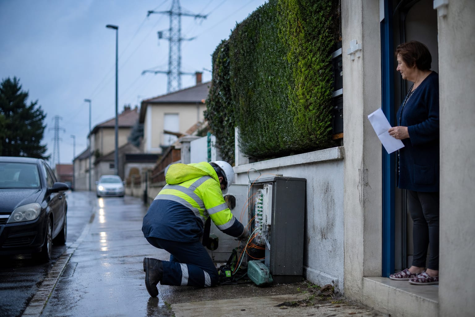 Technicien de réseau, résident et pylônes illustrent différents interlocuteurs électriques.