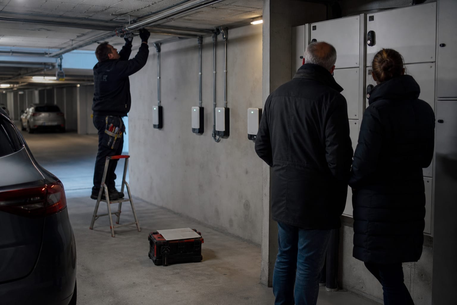 Copropriétaires et technicien installent des bornes dans le garage d'un immeuble.