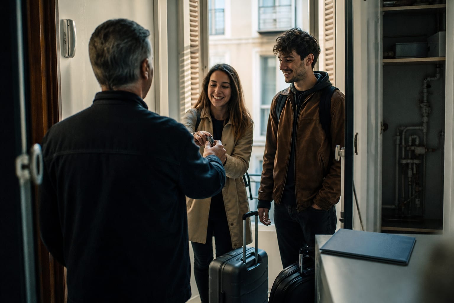 Propriétaire remet des clés à deux colocataires dans un logement meublé.