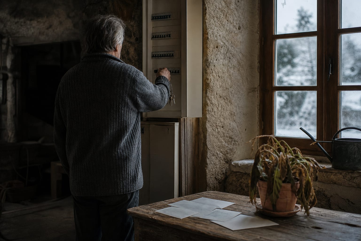 Propriétaire devant tableau électrique d’une maison secondaire fermée pour l’hiver.