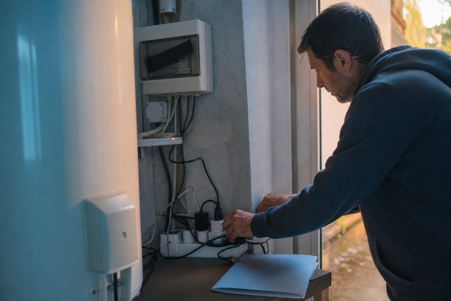 Mains vérifiant chauffe-eau, multiprise et compteur pour comprendre une consommation excessive.