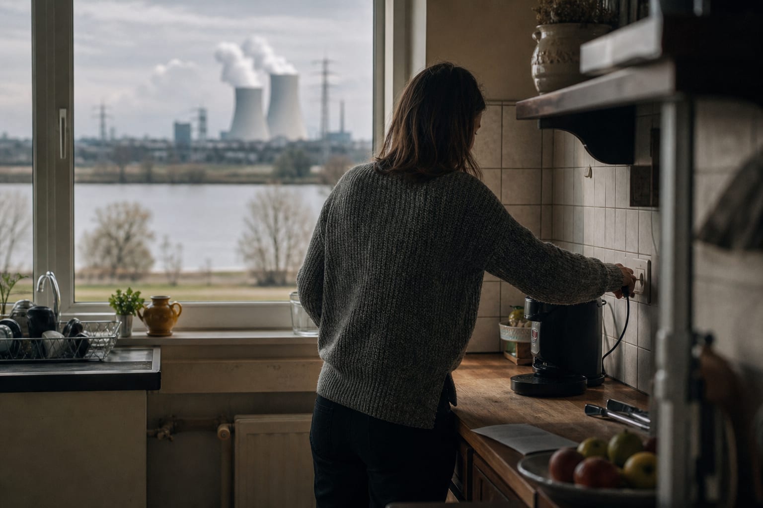 Habitant débranche un appareil, centrale nucléaire et pylônes visibles au loin.