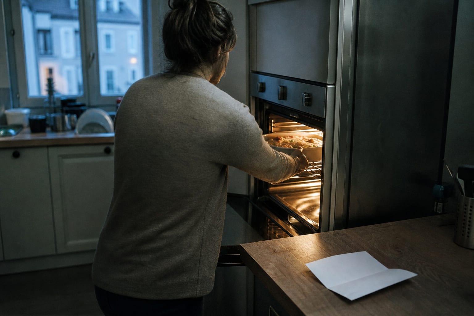Personne de dos enfournant un plat dans une cuisine d'appartement française.