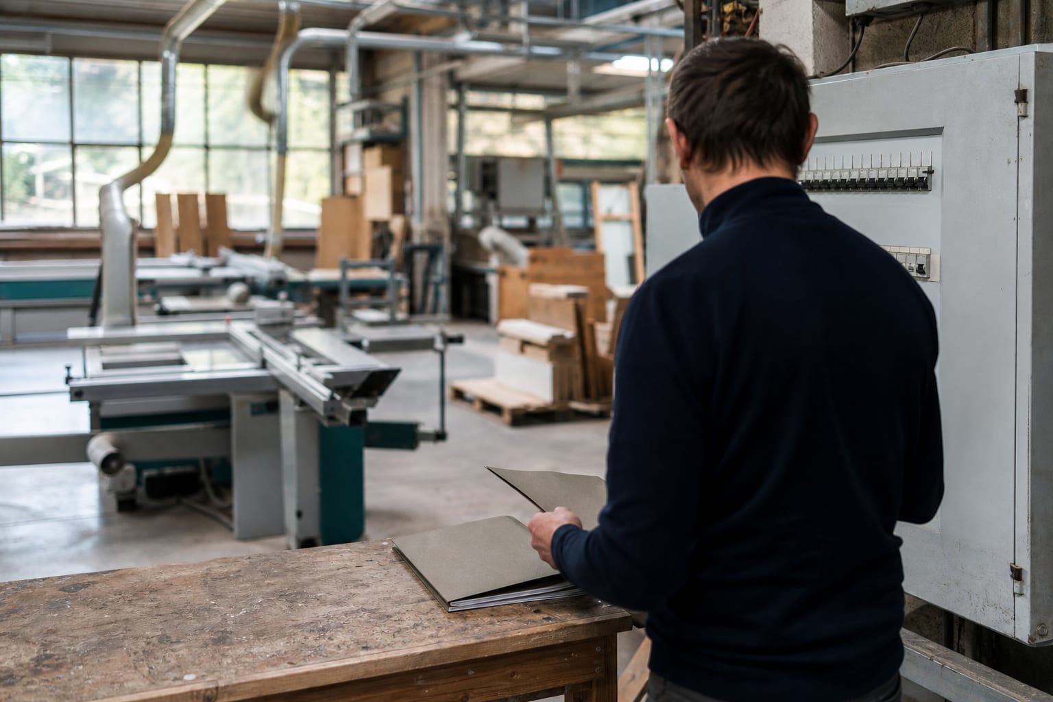 Artisan compare des devis électriques dans son atelier de menuiserie.