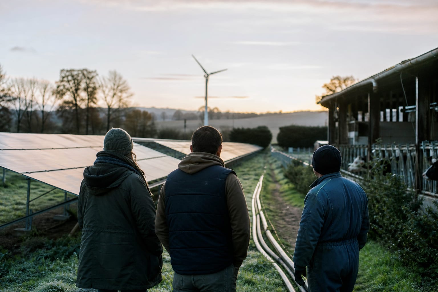 Habitants devant panneaux solaires et éolienne dans un village de la Drôme.