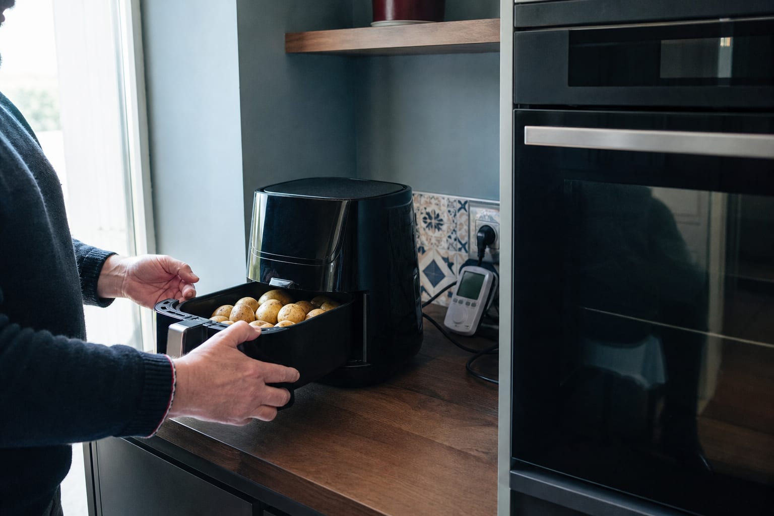 Mains utilisant une friteuse à air à côté d’un four fermé.