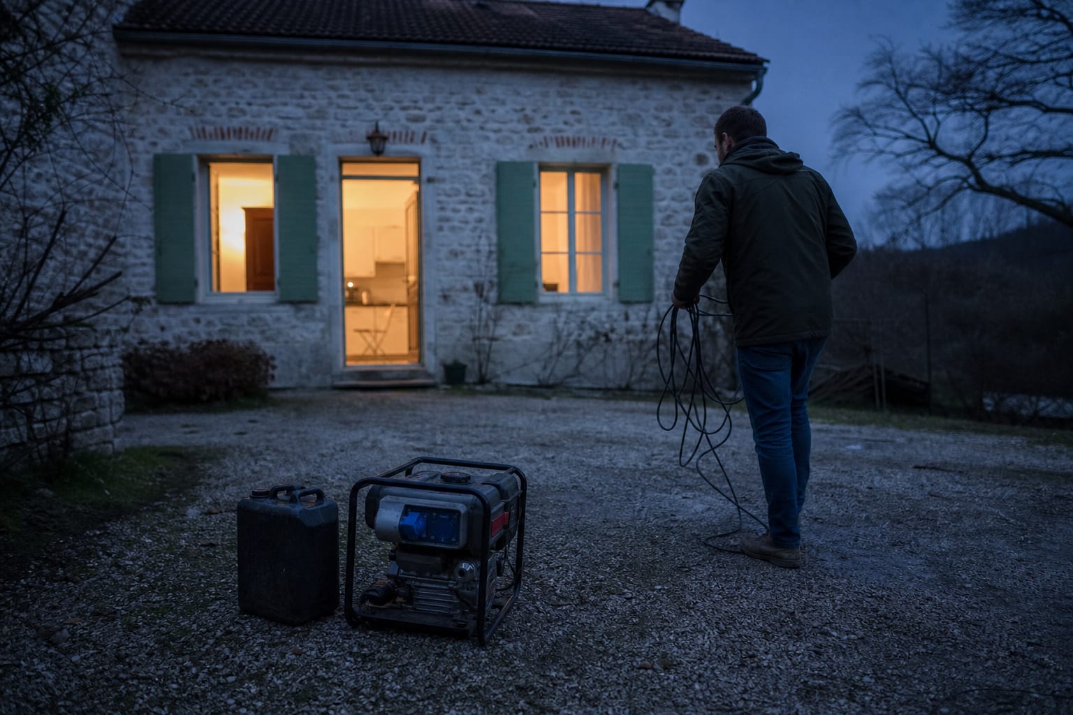 Groupe électrogène et bidon de carburant devant une maison rurale française.