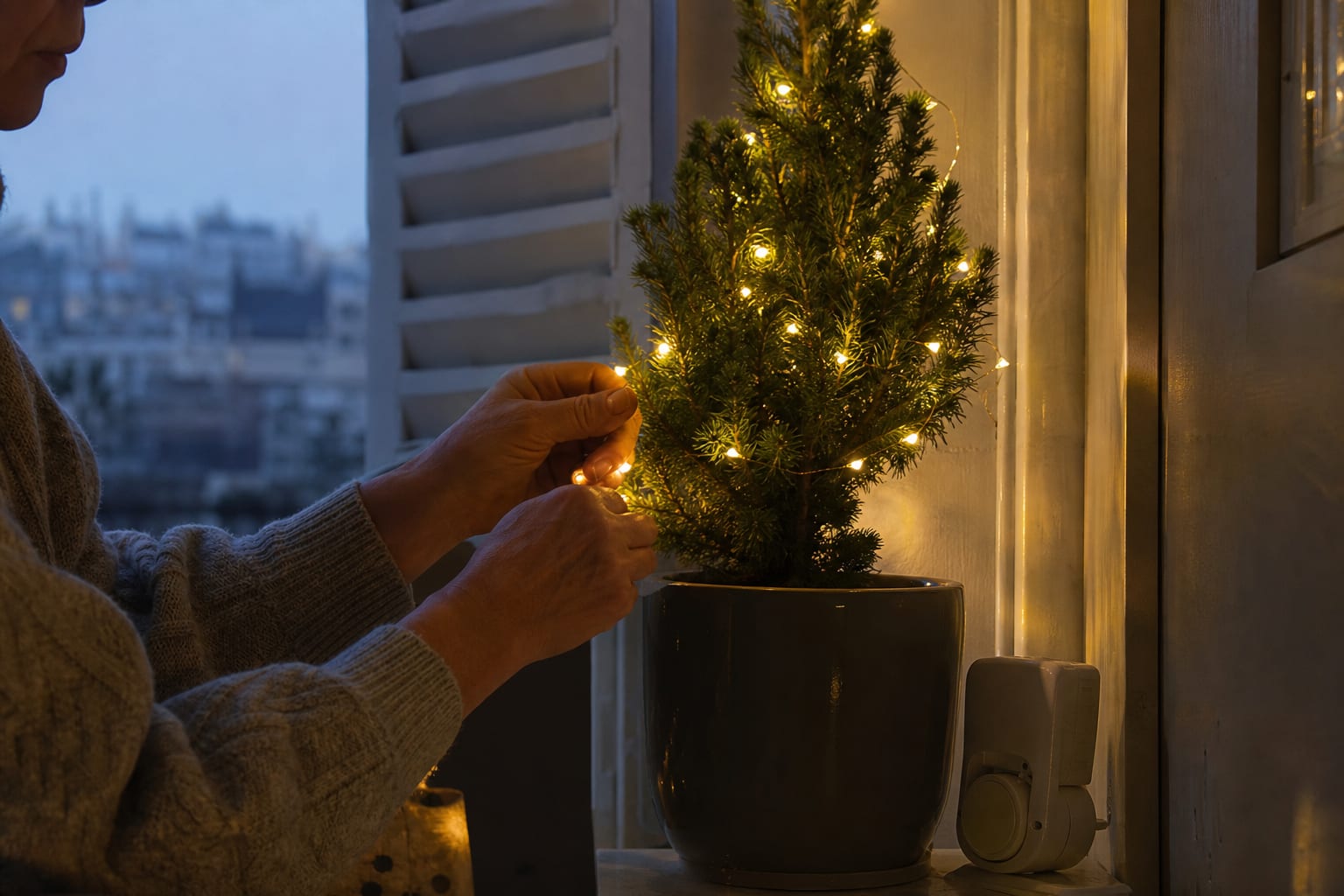 Mains allumant une guirlande LED près d’un sapin dans un appartement.