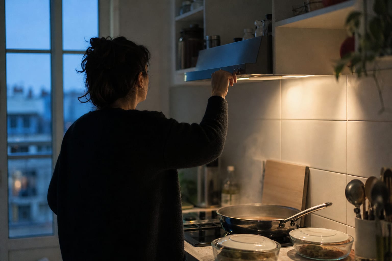 Une personne réduit la hotte au-dessus d’une casserole fumante dans sa cuisine.