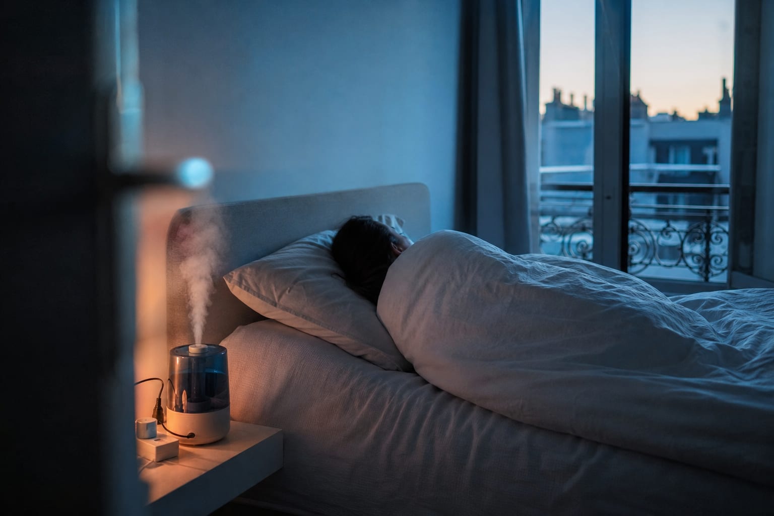 Humidificateur diffusant une brume froide près d’un lit dans une chambre.
