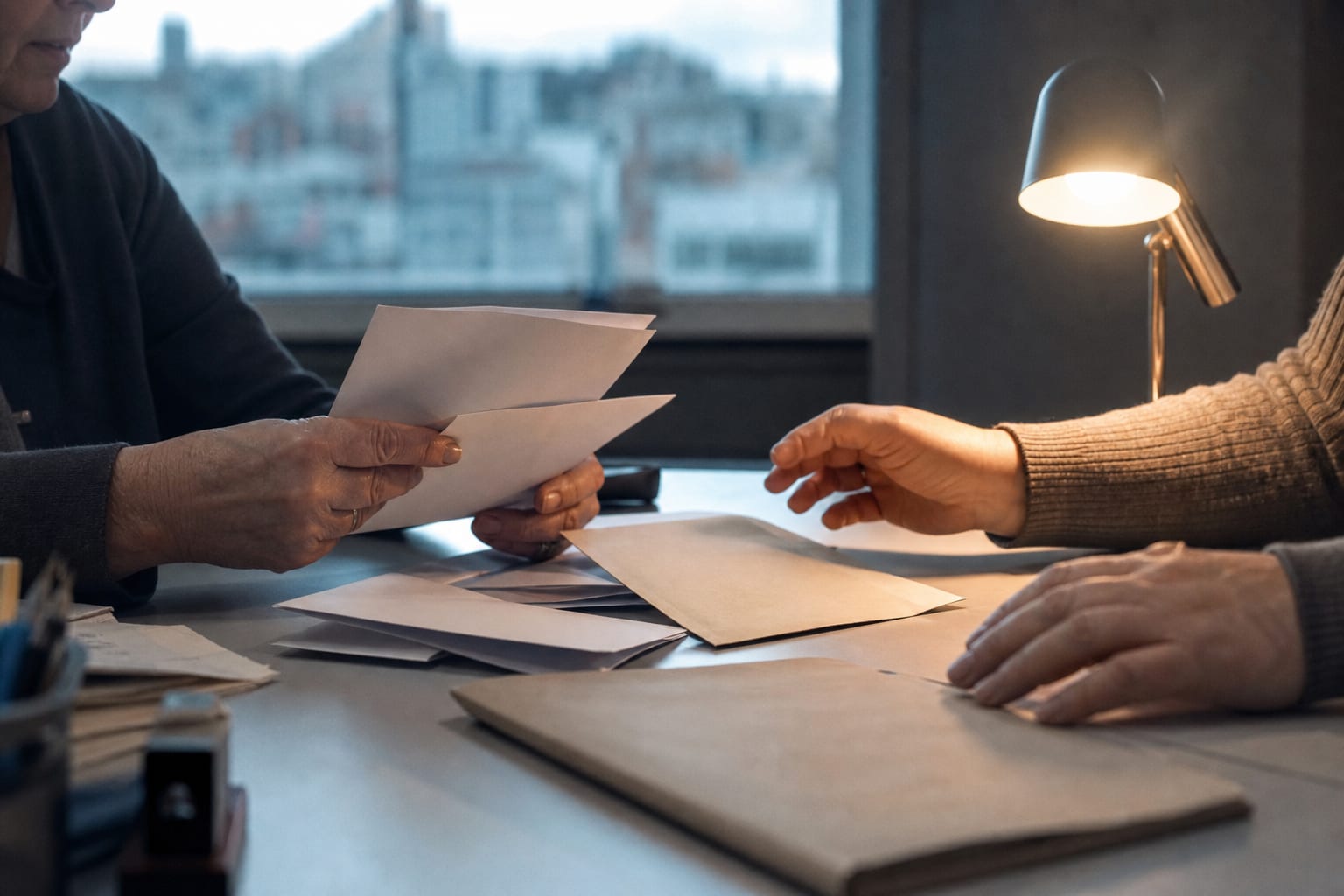 Mains d’une locataire et d’un travailleur social devant des courriers.
