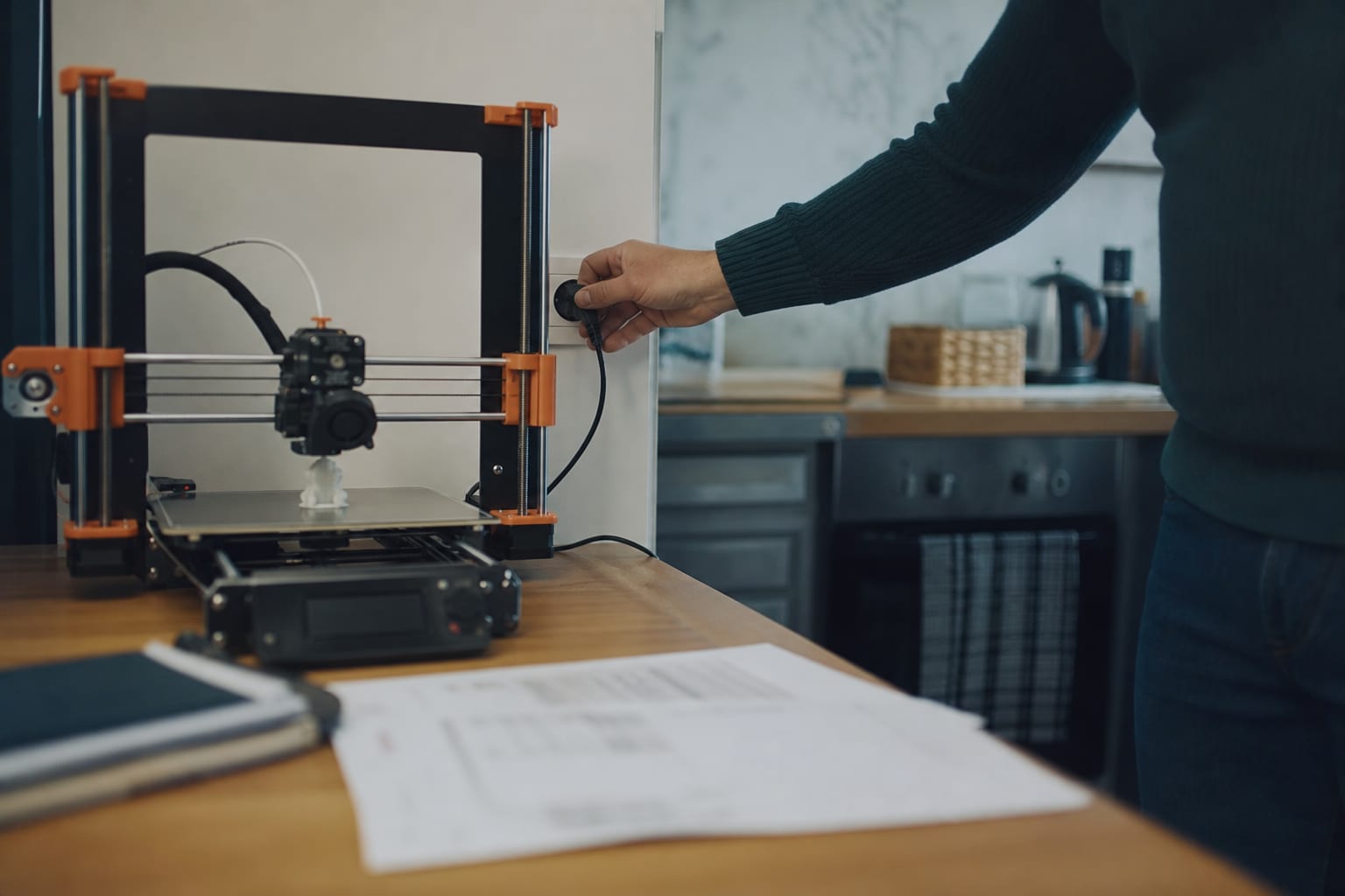 Imprimante 3D en fonctionnement près d'une prise, câble de veille débranché.