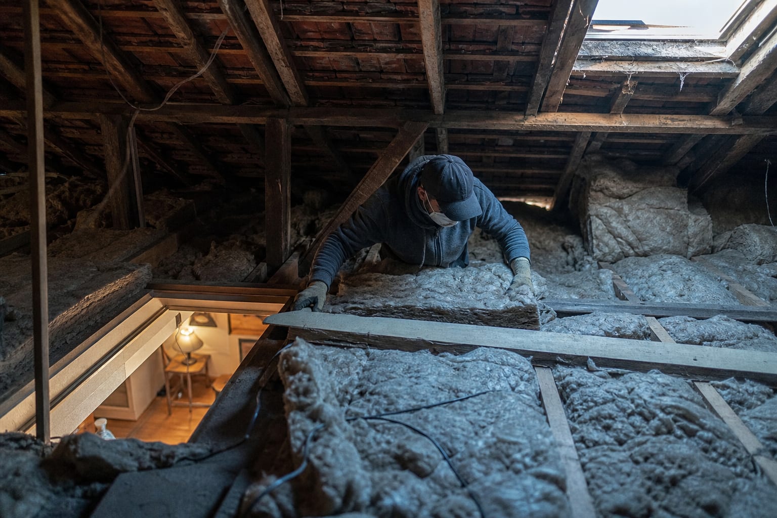 Pose d’isolant dans les combles d’une maison ancienne près de Tours.