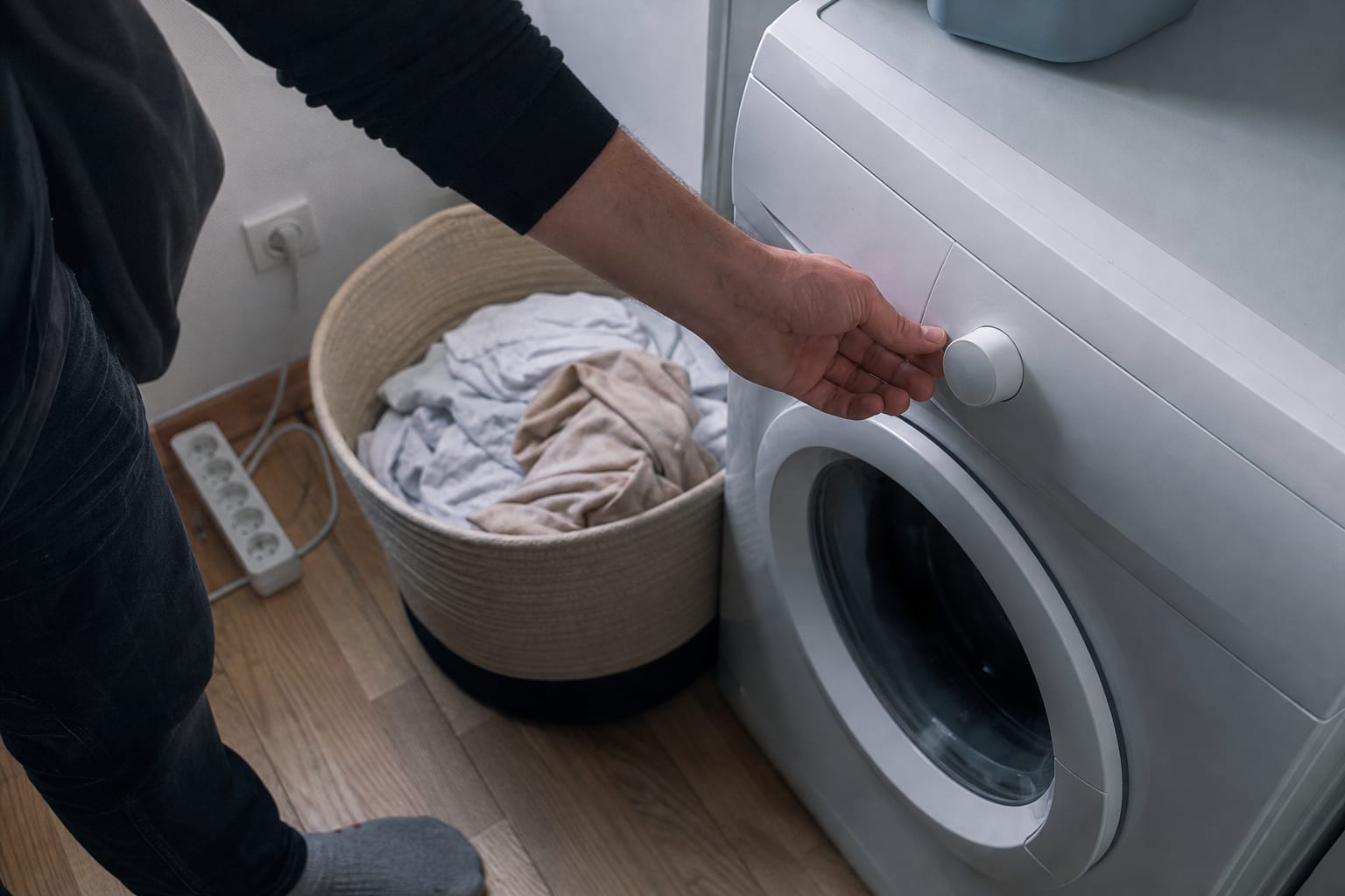 Main réglant un lave-linge près d’un panier de linge.