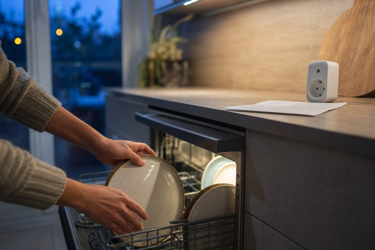 Mains chargeant un lave-vaisselle près d’une facture et d’un compteur.