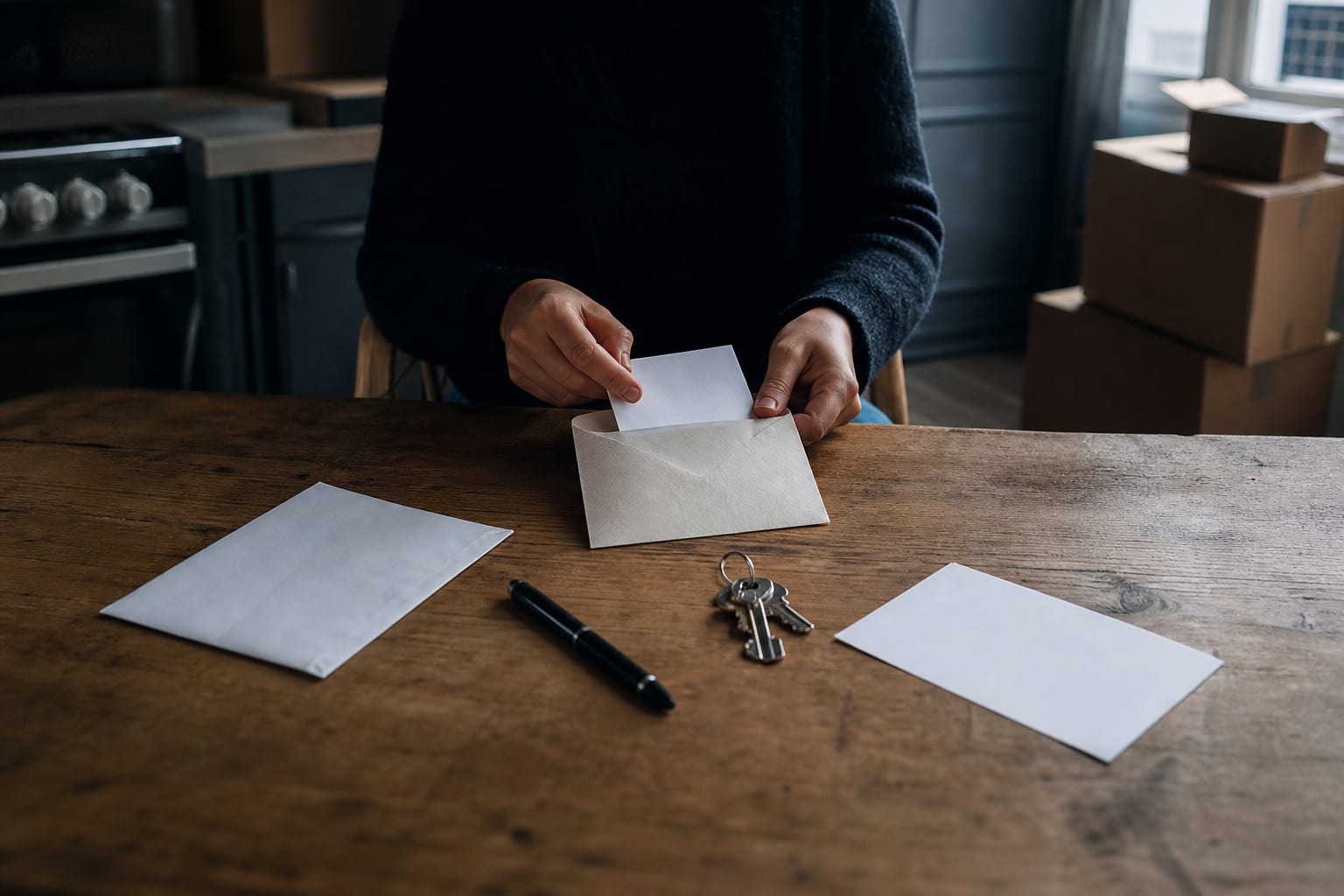 Mains préparant une lettre de résiliation près de cartons de déménagement.