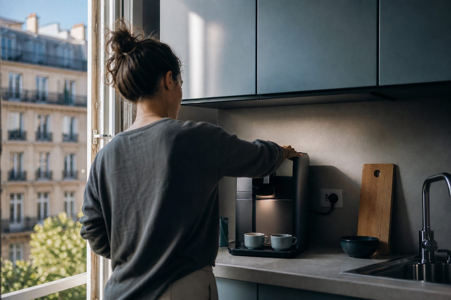 Machine à café en veille dans une cuisine française lumineuse.